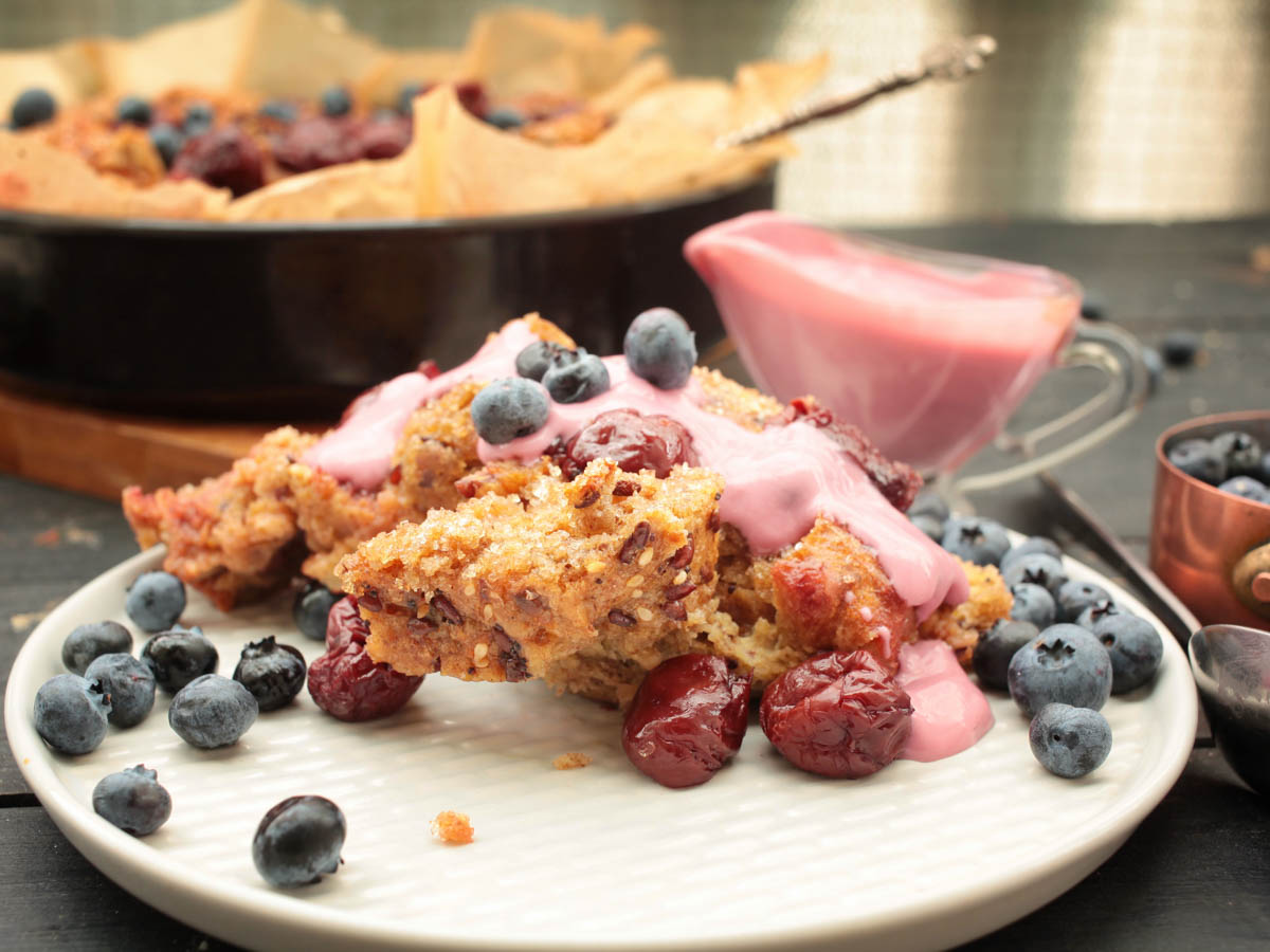 Vegan Bread Pudding with forest berries